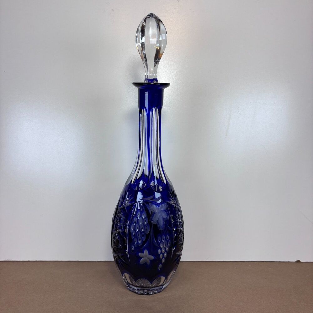 Tall Cobalt Blue Cut to Clear Crystal Decanter w/ Stopper 15” Bohemian Vintage